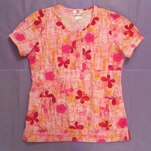 White Cross Butterflies Flowers Scrub Top Small